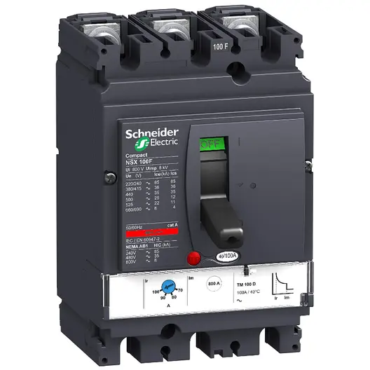 Прекъсвач мощностен Schneider Electric автоматичен тип А-1 регулируем  63 A, 4-85 kA, 3P, 690 V, 44.1-63 А, Compact NSX100F