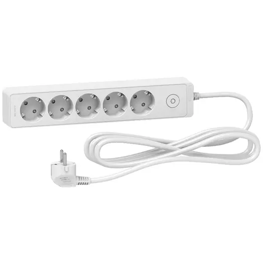 Разклонител електрически Schneider Electric с кабел, ключ и детска защита  3 м, 3x1.5 мм2, ШВПС-В, бял, 5 гнезда, Unica extend