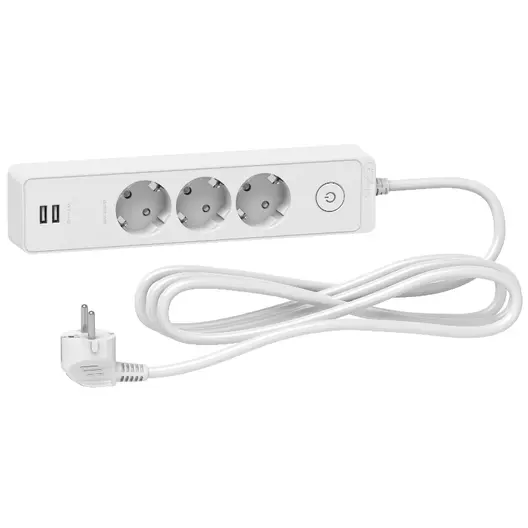 Разклонител електрически Schneider Electric с USB портове и щепсел  3 м, 3x1.5 мм2, ШВПС-В / H05VV-F, бял, 3 гнезда, Unica extend