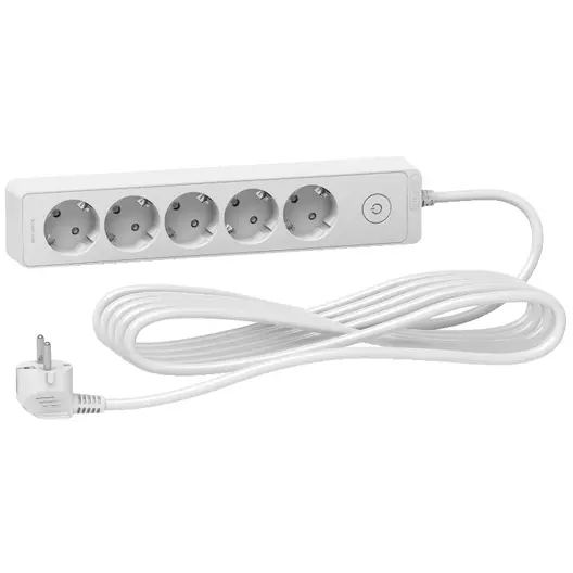 Разклонител електрически Schneider Electric с кабел, ключ и детска защита  5 м, 3x1.5 мм2, ШВПС-В, бял, 5 гнезда, Unica extend
