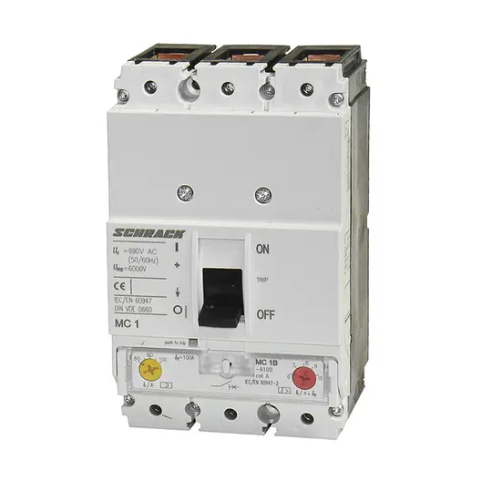 Прекъсвач мощностен Schrack Technik автоматичен тип А-1 регулируем  100 A, 25 kA, 3P, 690 V, 80-100 А, MC1B-A100