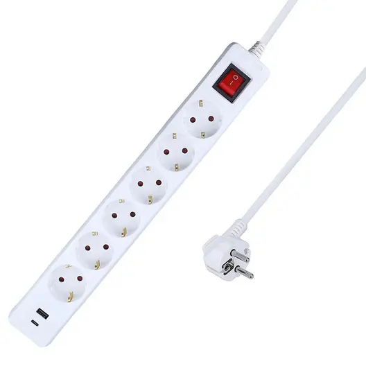 Разклонител електрически as - Schwabe с USB портове и щепсел  1.4 м, 3x1.5 мм2, H05VV-F, бял, 6 гнезда