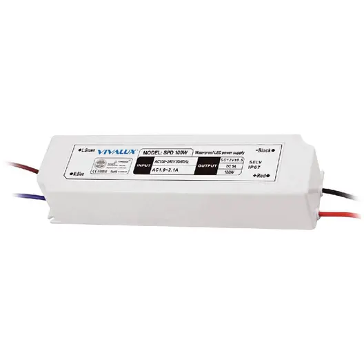 Трансформатор Vivalux за LED ленти влагозащитен  100 W, 12 DC V, 110-240 AC V, 67 IP, SPD Slim LED