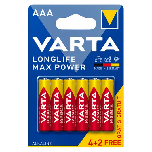 Батерия Varta кръгла алкална  1.5 V, AAA/LR03, 6 бр., Longlife Max Power