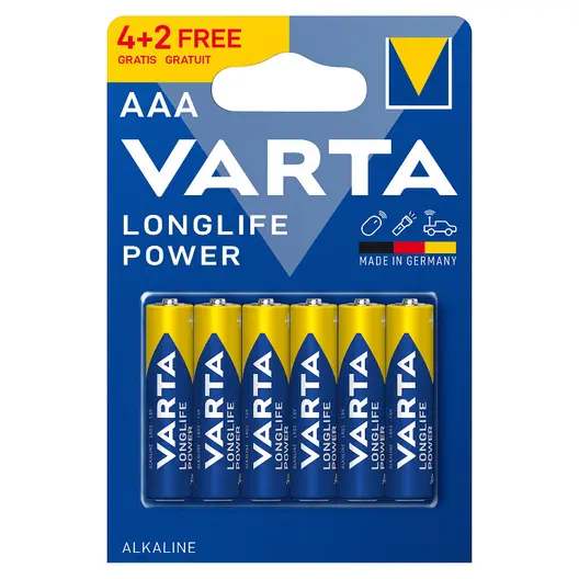 Батерия Varta кръгла алкална  1.5 V, AAA/LR03, 6 бр., Longlife Power