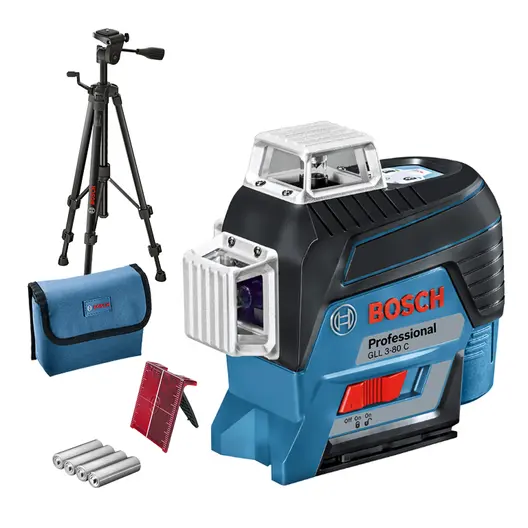 Линеен лазерен нивелир Bosch с 3 лъча и тринога  12 V, 30 м, 120 м, 0.2 мм/м, GLL 3-80 C