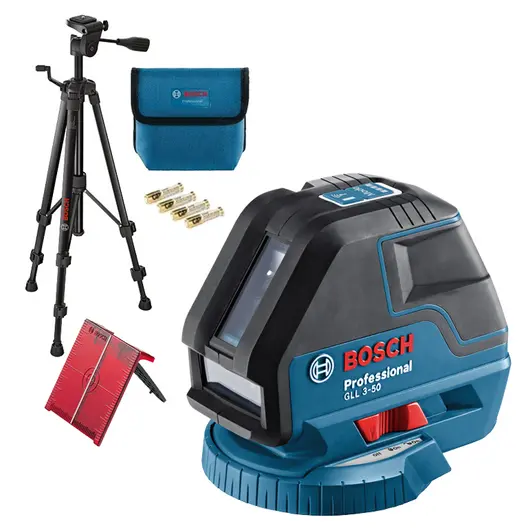 Линеен лазерен нивелир Bosch с 3 лъча и тринога  10 м, 50 м, 0.3 мм/м, GLL 3-50