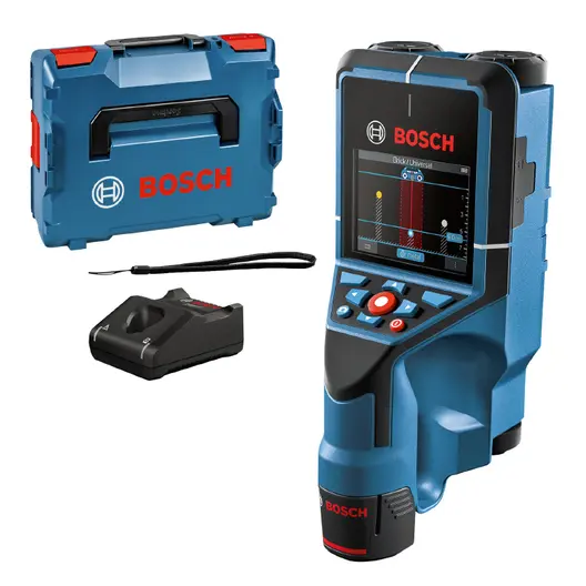 Детектор за откриване и локализиране на скрити обекти Bosch за метал, дърво, пластмаса и кабели  с 1 батерия и зарядно, 12 V, 2 Ah, D-tect 200 C