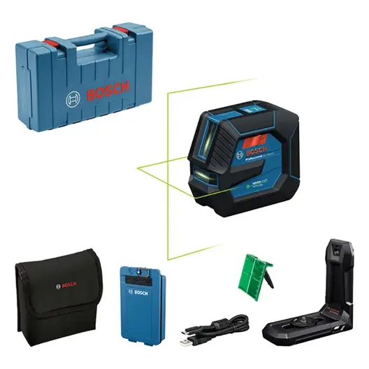 Линеен лазерен нивелир Bosch с 2 лъча  с 1 батерия и USB кабел, 3.7 V, 3 Ah, 20 м, 0.3 мм/м, GLL 20-22 G