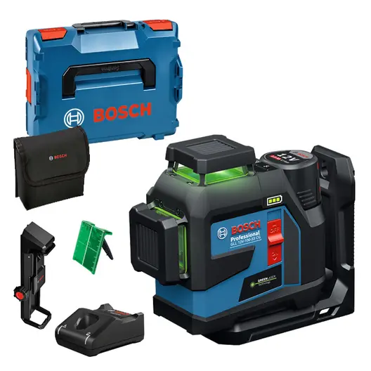 Линеен лазерен нивелир Bosch с 3 лъча  с 1 батерия и зарядно, 12 V, 2 Ah, 30 м, 100 м, 0.3 мм/м, GLL 12V-100-33 CG