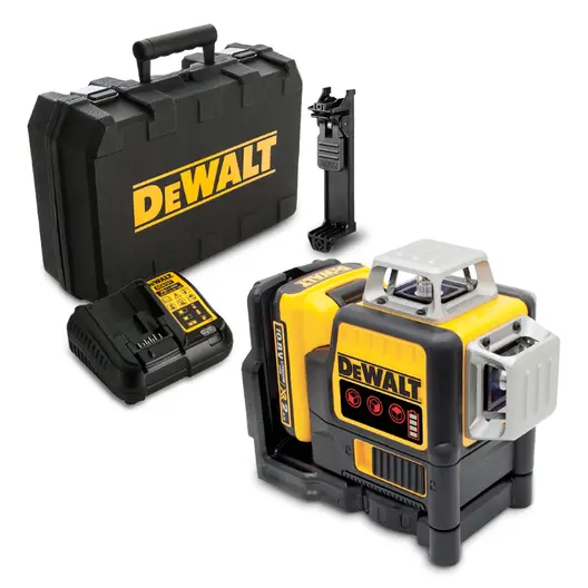 Линеен лазерен нивелир DeWALT с 3 лъча  с 1 батерия и зарядно, 12 V, 2 Ah, 30 м, 50 м, 0.3 мм/м, DCE089D1R