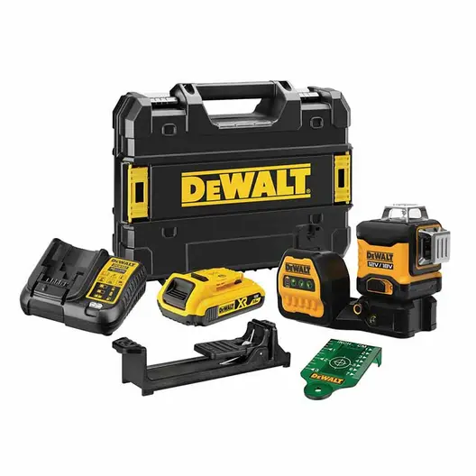 Линеен лазерен нивелир DeWALT с 3 лъча  с 1 батерия и зарядно, 18 V, 2 Ah, 35 м, 70 м, 0.3 мм/м, DCE089D1G18