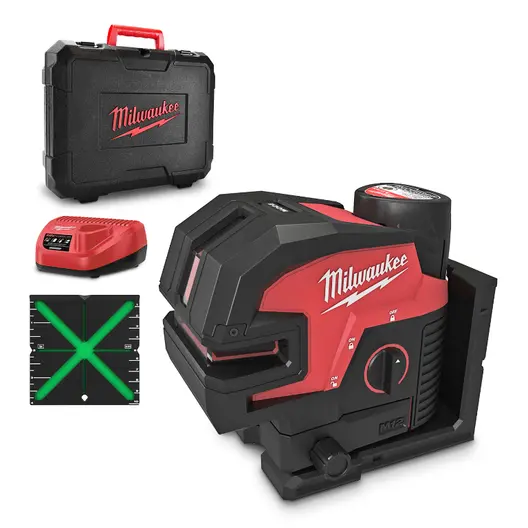 Комбиниран лазерен нивелир Milwaukee с 2 линии и 4 точки  с 1 батерия и зарядно, 12 V, 3 Ah, 38 м, 100 м, 0.3 мм/м, M12 CLL4P-301C