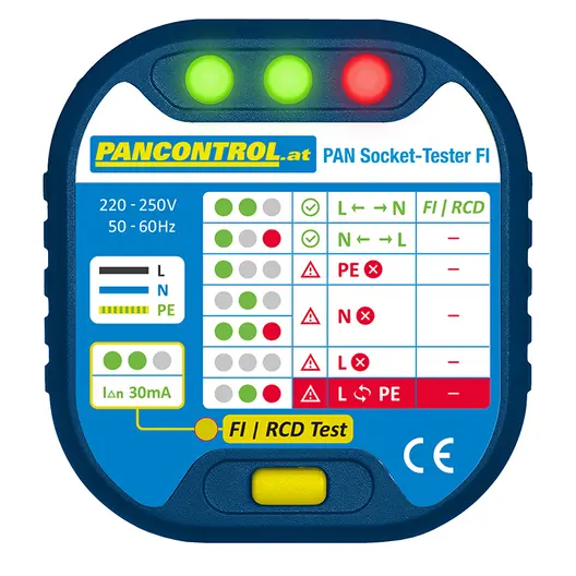 Тестер за контакт и остатъчен ток Pancontrol  AC, 220-250 V, PAN Socket-Tester FI