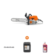 Трион STIHL верижен бензинов   3400 W, 45 см, 3/8 , 1.6 мм MS 391 + Верига STIHL за верижен трион   45 см, 3/8 , 1.6 мм, 66 36 Rapid Hexa + Масло STIHL за вериги на верижни триони   5 л ForestPlus + Масло STIHL двутактово   1 л HP - promo-pack - 143085