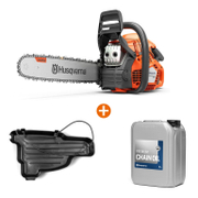 Трион Husqvarna верижен бензинов   2200 W, 38 см, 0.325  445S + Масло Husqvarna за вериги на верижни триони   5 л Premium + Основа Husqvarna транспортна за верижен трион   до 55 см3  - promo-pack - 143867