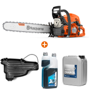 Трион Husqvarna верижен бензинов   5100 W, 60 см, 3/8 , 1.5 мм 585XP + Масло Husqvarna двутактово с дозатор   1 л XP® Synthetic + Масло Husqvarna за вериги на верижни триони   5 л Premium + Основа Husqvarna транспортна за верижен трион   над 55 см3  - promo-pack - 143868