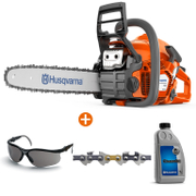 Трион Husqvarna верижен бензинов   1600 W, 35 см, 3/8 , 1.3 мм 135 Mark II + Масло Husqvarna за вериги на верижни триони   1 л  + Верига Husqvarna за верижен трион   35 см, 3/8 , 1.3 мм, 52 X-Cut S93G + Очила Husqvarna защитни противоударни UV  опушени Sun X - promo-pack - 143871