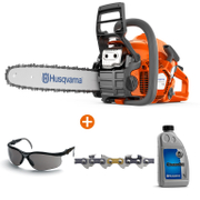 Трион Husqvarna верижен бензинов   1500 W, 35 см, 3/8 , 1.3 мм 130 + Масло Husqvarna за вериги на верижни триони   1 л  + Верига Husqvarna за верижен трион   35 см, 3/8 , 1.3 мм, 52 X-Cut S93G + Очила Husqvarna защитни противоударни UV  опушени Sun X - promo-pack - 143872