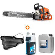 Трион Husqvarna верижен бензинов   5600 W, 60 см, 3/8 , 1.5 мм 592 XP + Масло Husqvarna двутактово с дозатор   1 л XP® Synthetic + Масло Husqvarna за вериги на верижни триони   5 л Premium + Основа Husqvarna транспортна за верижен трион   над 55 см3  - promo-pack - 143874