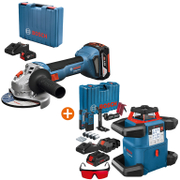 Акумулаторен ъглошлайф Bosch    с 2 батерии и зарядно, 18 V, 4 Ah, 125 мм, 11 000 об./мин GWS 18V-8 + Ротационен лазерен нивелир Bosch с приемник   с 1 батерия и зарядно, 18 V, 4 Ah, 60 м, 600 м, 0.05-0.1 мм/м GRL 600 CHV - promo-pack - 152181
