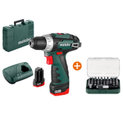 Акумулаторен винтоверт Metabo с колекторен двигател   с 2 батерии и зарядно, 12 V, 2 Ah, 34 Nm, 1-10 мм PowerMaxx BS Basic + Комплект битове Metabo с магнитен държач   25 мм, 32 бр.  - promo-pack - 152182