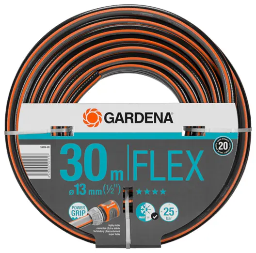 Градински маркуч за поливане Gardena PVC 2-слоен армиран  13 мм, 25 bar, 30 м, черно/оранжево, Flex