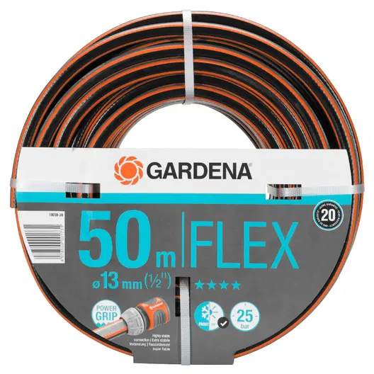 Градински маркуч за поливане Gardena PVC 2-слоен армиран  13 мм, 25 bar, 50 м, черно/оранжево, Comfort FLEX