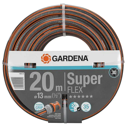 Градински маркуч за поливане Gardena PVC 2-слоен армиран  13 мм, 35 bar, 20 м, черно/оранжево, Premium SuperFLEX