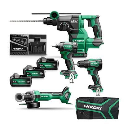 Комплект акумулаторни инструменти HiKOKI - Hitachi    с 3 батерии и зарядно, DH1826DA, DS18DE, G1813DA, WH18DC, 18 V, 5 Ah KC18DEWHZ