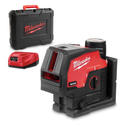 Комбиниран лазерен нивелир Milwaukee с 2 линии и 2 точки   с 1 батерия и зарядно, 12 V, 3 Ah, 38 м, 50 м, 0.3 мм/м M12 CLLP-301C