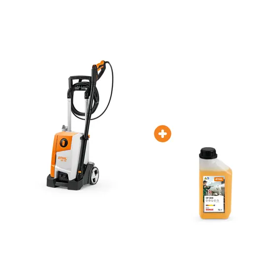 Електрическа водоструйка STIHL 1700 W, 380-430 л/ч, 150 bar RE 110 с шампоан STIHL за безчетково миене на автомобили и двигатели 1 л Profi CP 200