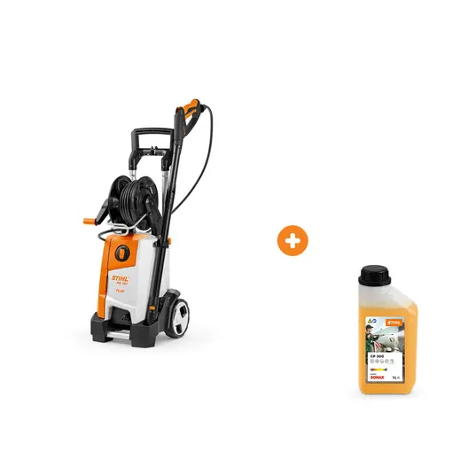 Електрическа водоструйка STIHL 2300 W, 420-500 л/ч, 150 bar RE 130 Plus с шампоан STIHL за безчетково миене на автомобили и двигатели 1 л Profi CP 200