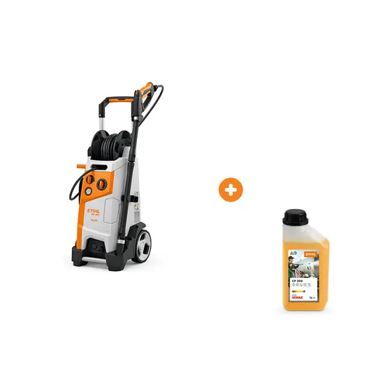 Електрическа водоструйка STIHL 3000 W, 540-610 л/ч, 180 bar RE 150 PLUS с шампоан STIHL за безчетково миене на автомобили и двигатели 1 л Profi CP 200