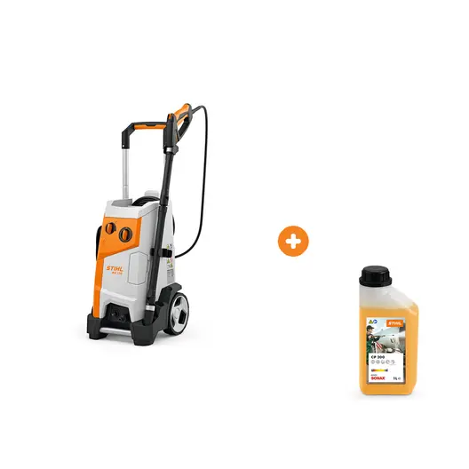Електрическа водоструйка STIHL 3300 W, 570-648 л/ч, 180 bar RE 170 с шампоан STIHL за безчетково миене на автомобили и двигатели 1 л Profi CP 200