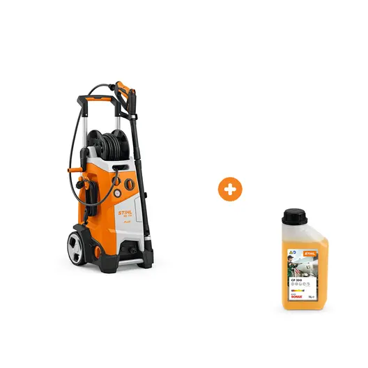 Електрическа водоструйка STIHL 3300 W, 570-648 л/ч, 180 bar RE 170 Plus с шампоан STIHL за безчетково миене на автомобили и двигатели 1 л Profi CP 200