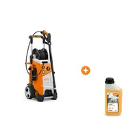 Електрическа водоструйка STIHL 3300 W, 570-648 л/ч, 180 bar RE 170 Plus с шампоан STIHL за безчетково миене на автомобили и двигатели 1 л Profi CP 200
