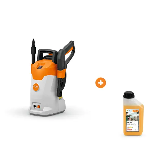 Електрическа водоструйка STIHL 1700 W, 330-430 л/ч, 120 bar RE 80 X с шампоан STIHL за безчетково миене на автомобили и двигатели 1 л Profi CP 200