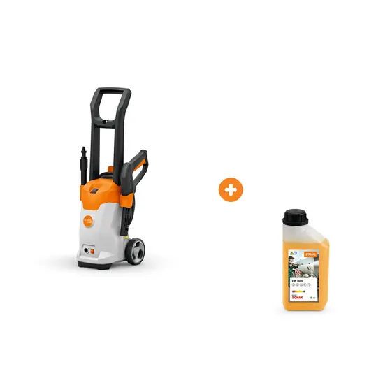 Електрическа водоструйка STIHL 1700 W, 330-430 л/ч, 120 bar RE 80 с шампоан STIHL за безчетково миене на автомобили и двигатели 1 л Profi CP 200