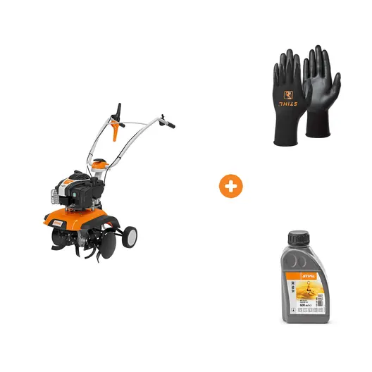 Мотофреза STIHL бензинова 2.2 kW, 3 к.с., 140 см3, 450 мм, 3100 об./мин MH 445 с ръкавици STIHL топени в нитрил полиестерни размер 11, черни Function SensoTouch и масло STIHL четиритактово 0.6 л 10 W-30