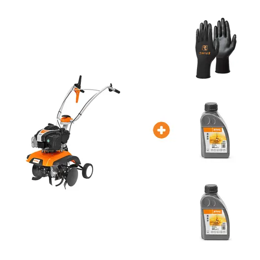 Мотофреза STIHL бензинова 2.3 kW, 3.2 к.с., 149 см3, 850 мм MH 585 с ръкавици STIHL топени в нитрил полиестерни размер 11, черни Function SensoTouch и 2 броя масло STIHL четиритактово 0.6 л 10 W-30