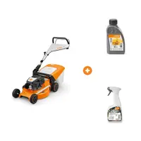 Бензинова косачка STIHL с кош 1.8 kW, 2.5 к.с., 510 мм, 1800 м2 RM 253.3 с масло STIHL четиритактово 0.6 л 10 W-30 и препарат за почистване на смола и масла STIHL 0.5 л VarioClean Eco