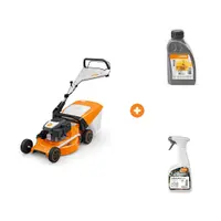 Самоходна бензинова косачка STIHL с кош 1.8 kW, 2.5 к.с., 510 мм, 1800 м2 RM 253.3 T с масло STIHL четиритактово 0.6 л 10 W-30 и препарат за почистване на смола и масла STIHL 0.5 л VarioClean Eco