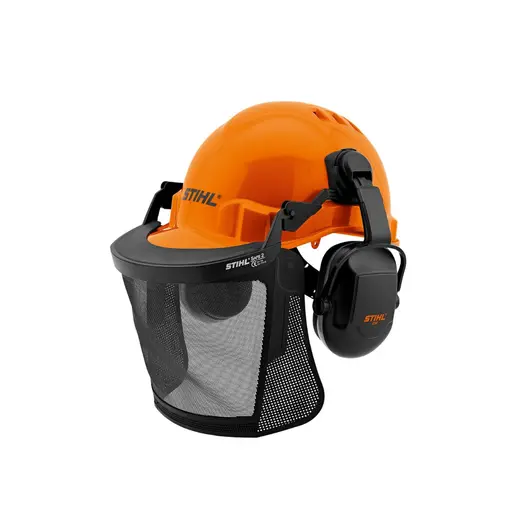 Каска STIHL противоударна с антифони и найлонова защитна мрежа 27 dB, оранжева Function Basic