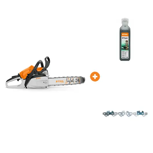 Бензинова резачка за дърва STIHL 1600 W, 35 см, 3/8 " MS 182 с масло STIHL двутактово 0.1 л HP Super и верига STIHL за верижен трион 35 см, 3/8 ", 1.3 мм, 50 звена Picco Super