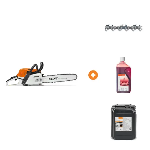 Бензинова резачка за дърва STIHL 3000 W, 40 см, 0.325 ", 1.6 мм MS 261 с верига STIHL за верижен трион 40 см, 0.325 ", 1.6 мм, 67 звена Rapid Super, масло STIHL двутактово 1 л HP и масло STIHL за вериги на верижни триони 5 л ForestPlus