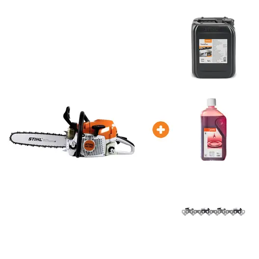 Бензинова резачка за дърва STIHL 3400 W, 40 см, 3/8 ", 1.6 мм MS 362 с масло STIHL за вериги на верижни триони 5 л ForestPlus, масло STIHL двутактово 1 л HP и верига STIHL за верижен трион 40 см, 3/8 ", 1.6 мм, 60 звена 36 Rapid Hexa