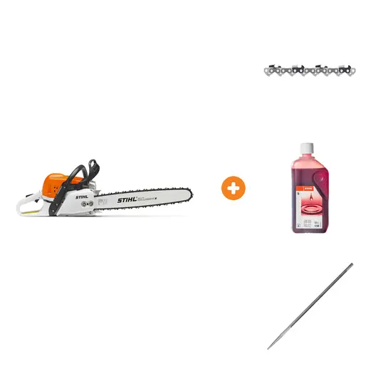 Бензинова резачка за дърва STIHL 3400 W, 45 см, 3/8 ", 1.6 мм MS 391 с верига STIHL за верижен трион 45 см, 3/8 ", 1.6 мм, 66 звена 36 Rapid Hexa, масло STIHL двутактово 1 л HP и пила STIHL за заточване на вериги на триони 5.2х200 мм Rapid Hexa