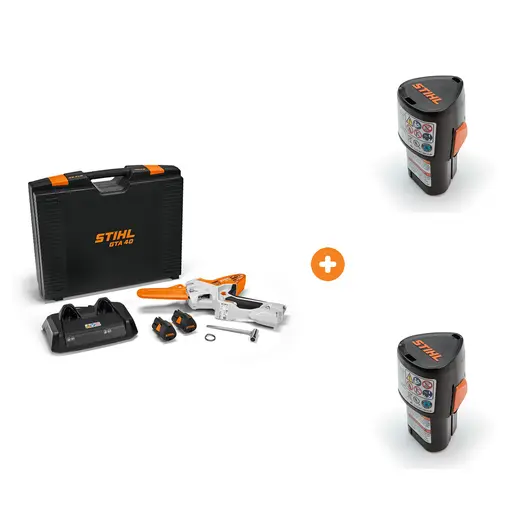 Акумулаторна резачка за дърва STIHL с 2 батерии и зарядно, 2x10.8 V, 2.1 Ah, 15 см, 1/4 ", 1.1 мм GTA 40 с 2 броя акумулаторна батерия STIHL Li-Ion за електроинструменти 10.8 V, 2.6 Ah AS 2