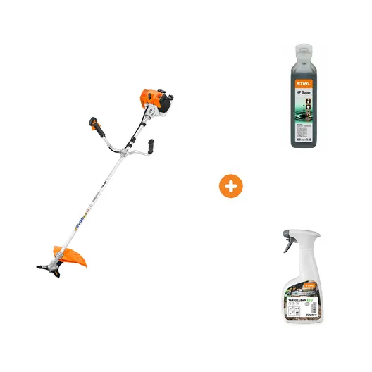Моторна коса STIHL 1.3 kW, 1.8 к.с., 30.8 см3, 420 мм FS 120 с масло STIHL двутактово 0.1 л HP Super и препарат за почистване на смола и масла STIHL 0.5 л VarioClean Eco